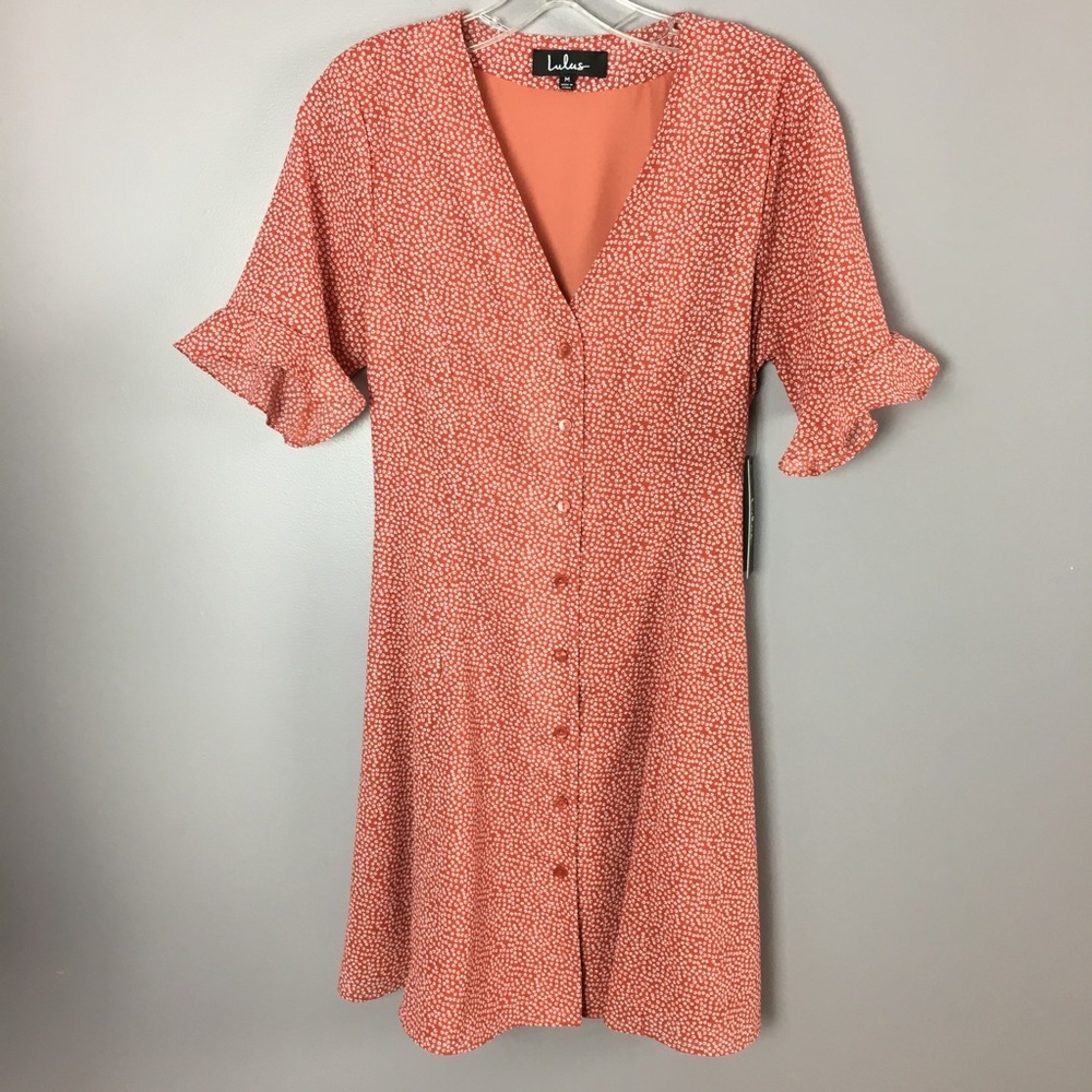 LULU’S NWT Dress Castana Rust Red Print Button-Up